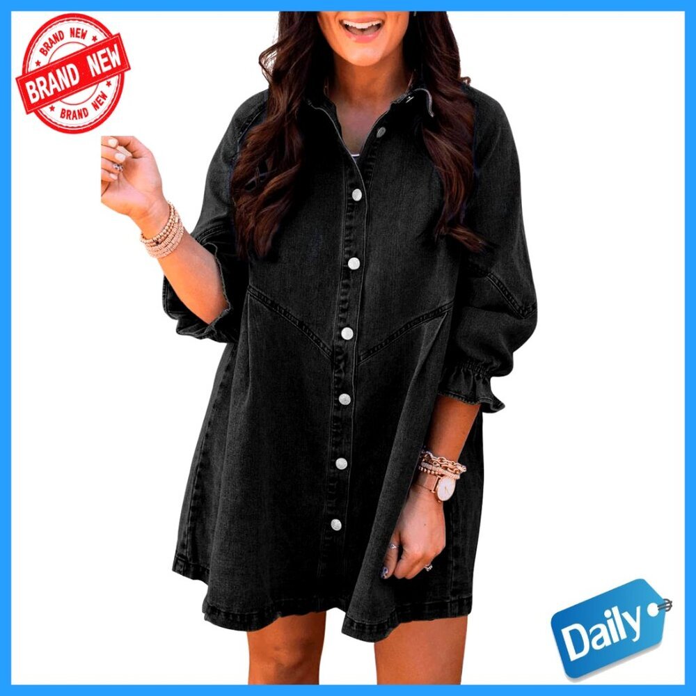 Denim Smocked Mini Dress 3/4 Sleeve Button Down Casual Chic Loose Fit